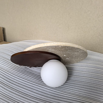 Traditional Japanese Travertine Glass Wood Round 1-Light Wall Sconce Lamp For Living Room