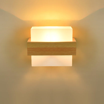 Modern Minimalist Wood Glass Square 1-Light Wall Sconce Lamp For Bedroom