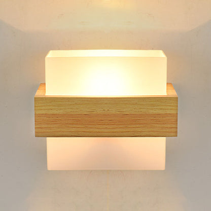 Modern Minimalist Wood Glass Square 1-Light Wall Sconce Lamp For Bedroom