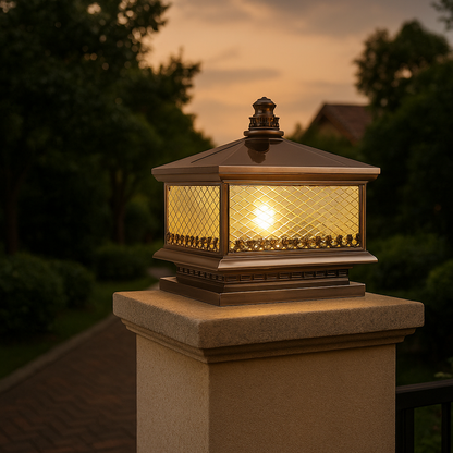 Traditional Chinese Waterproof Copper Glass Square LED 1-Light Landscape Lighting Outdoor Light For Garden