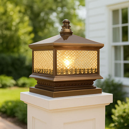 Traditional Chinese Waterproof Copper Glass Square LED 1-Light Landscape Lighting Outdoor Light For Garden