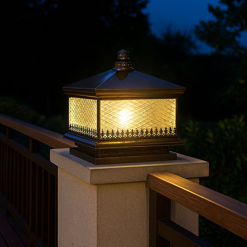 Traditional Chinese Waterproof Copper Glass Square LED 1-Light Landscape Lighting Outdoor Light For Garden