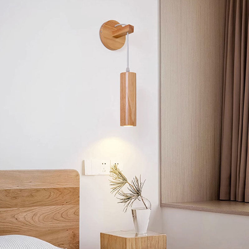 Modern Minimalist Oak Glass Cylinder LED Wall Sconce Lamp For Bedroom