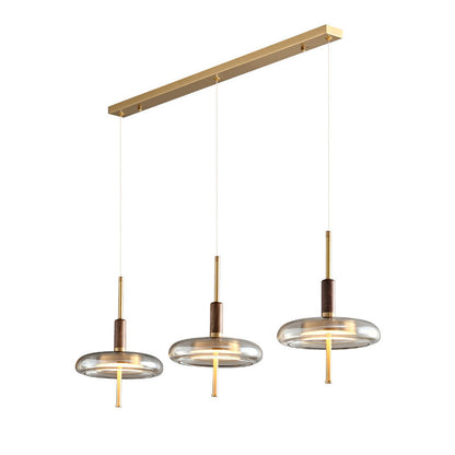Contemporary Scandinavian Copper Walnut Glass Round LED Chandelier For Dining Room