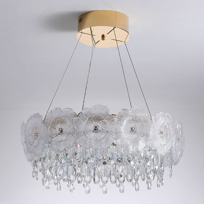 Traditional French Stainless Steel Glass Crystal Flower Round LED Chandelier For Bedroom