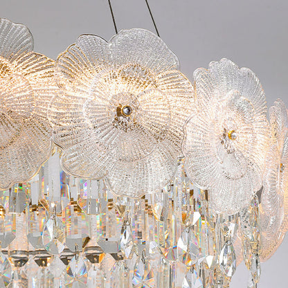 Traditional French Stainless Steel Glass Crystal Flower Round LED Chandelier For Bedroom