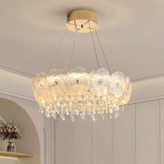 Traditional French Stainless Steel Glass Crystal Flower Round LED Chandelier For Bedroom