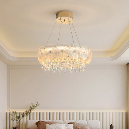 Traditional French Stainless Steel Glass Crystal Flower Round LED Chandelier For Bedroom