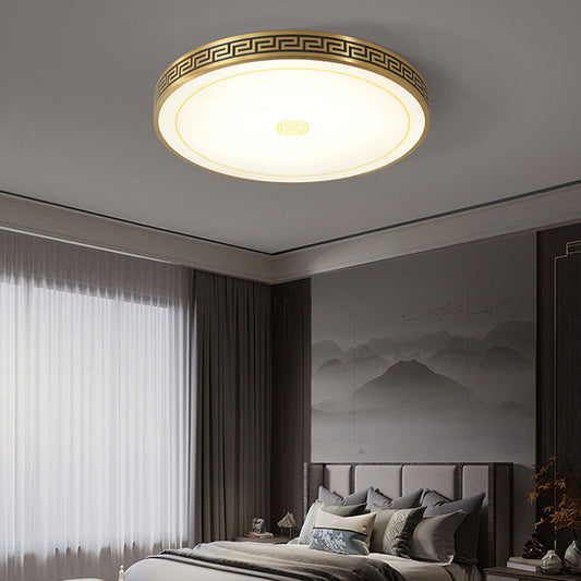 Traditional Chinese Copper Acrylic Round LED Flush Mount Ceiling Light For Living Room