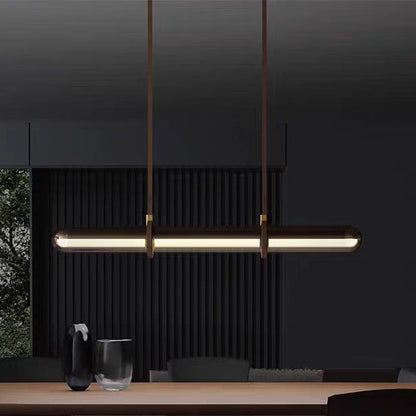 Modern Minimalist PU Leather Glass Linear  LED Island Light Chandelier For Dining Room