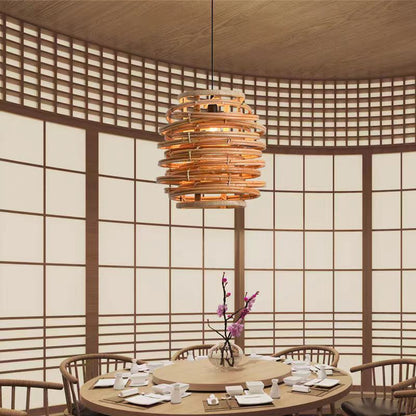 Traditional Chinese Bamboo Weaving Round 1-Light Pendant Light For Dining Room