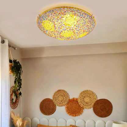 Traditional Tiffany Metal Glass Sun Pattern Round 2/3/4 Light Flush Mount Ceiling Light For Bedroom
