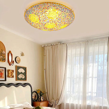 Traditional Tiffany Metal Glass Sun Pattern Round 2/3/4 Light Flush Mount Ceiling Light For Bedroom