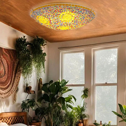 Traditional Tiffany Metal Glass Sun Pattern Round 2/3/4 Light Flush Mount Ceiling Light For Bedroom