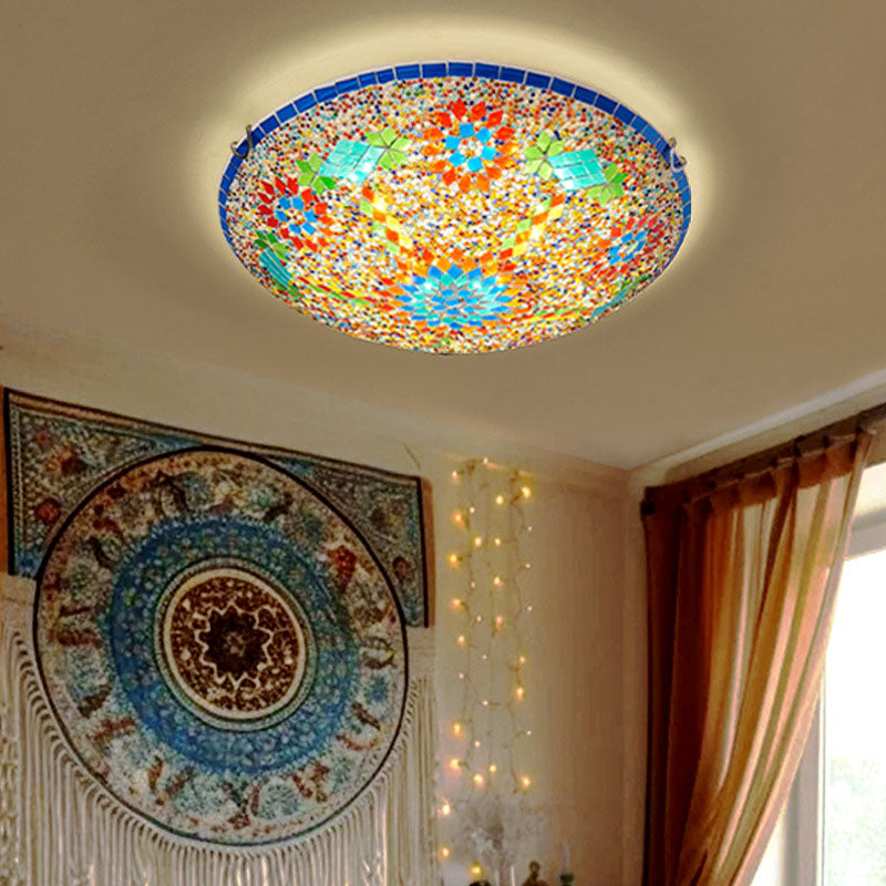 Traditional Tiffany Metal Glass Floral Pattern Round 2/3/4 Light Flush Mount Ceiling Light For Bedroom
