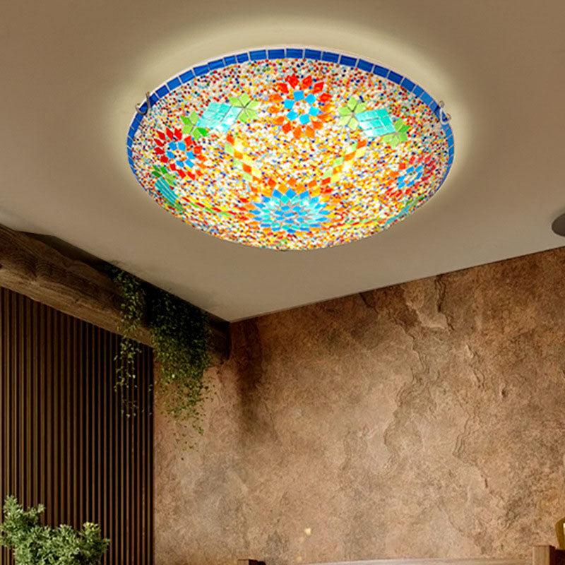 Traditional Tiffany Metal Glass Floral Pattern Round 2/3/4 Light Flush Mount Ceiling Light For Bedroom