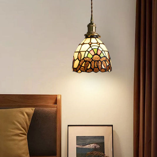 Traditional Tiffany Copper Glass Round 1-Light Pendant Light For Bedroom