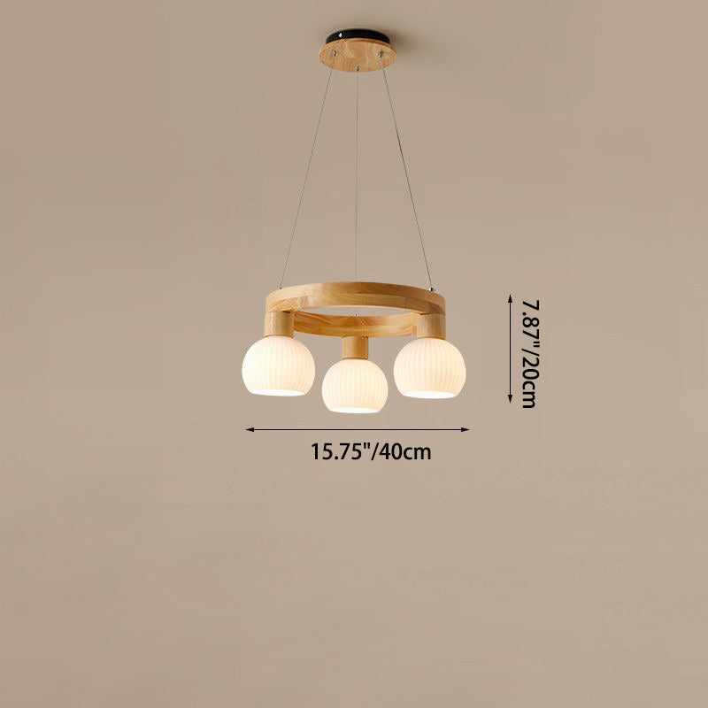 Traditional Chinese Round Branch Magic Bean Glass Solid Wood 3/6 Light Chandelier For Living Room
