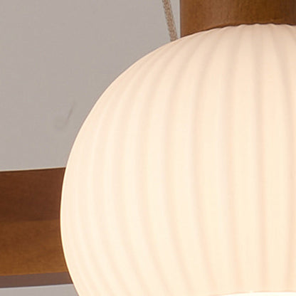 Traditional Chinese Round Branch Magic Bean Glass Solid Wood 3/6 Light Chandelier For Living Room