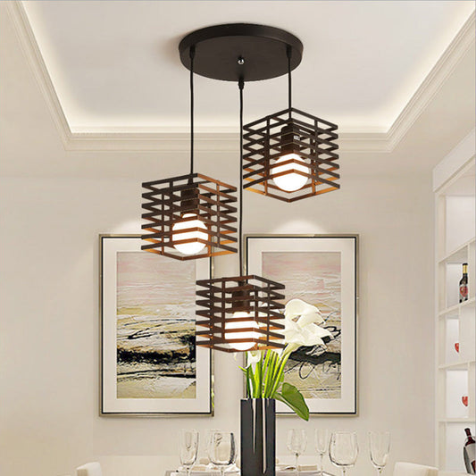 Contemporary Creative Openwork Square Glass Marble Iron 3-Light Chandelier For Living Room