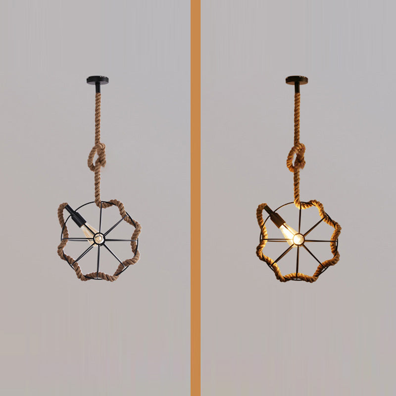 Contemporary Industrial Round Sphere Sisal Iron 1-Light Pendant Light For Bedroom
