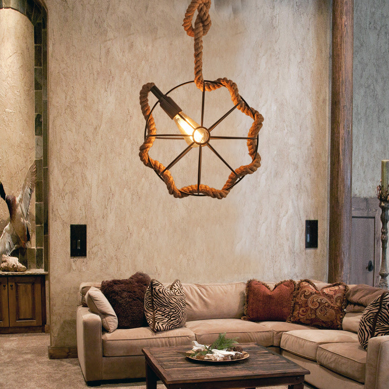 Contemporary Industrial Round Sphere Sisal Iron 1-Light Pendant Light For Bedroom