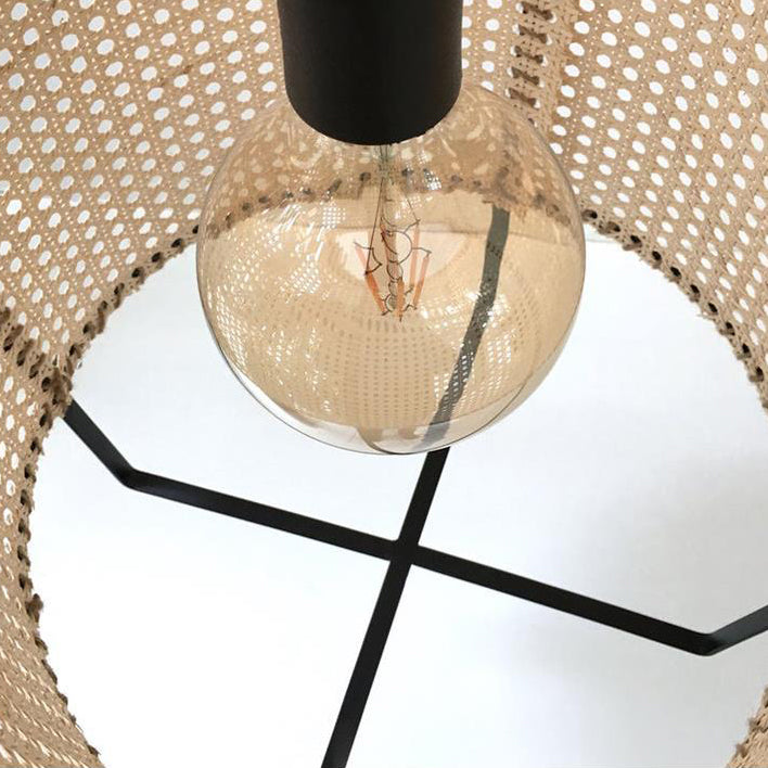 Traditional Japanese Round Right Angle Rattan 1-Light Pendant Light For Living Room