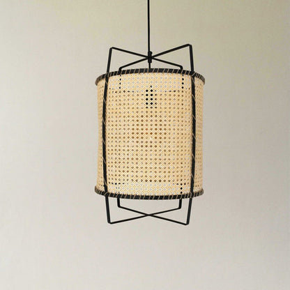 Traditional Japanese Round Right Angle Rattan 1-Light Pendant Light For Living Room