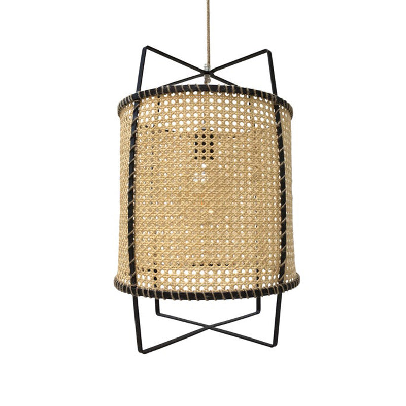 Traditional Japanese Round Right Angle Rattan 1-Light Pendant Light For Living Room