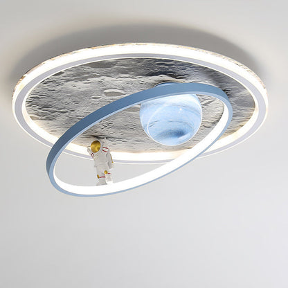 Modern Art Deco Cartoon Astronaut Moon Round Resin Aluminum Iron LED Flush Mount Ceiling Light For Bedroom