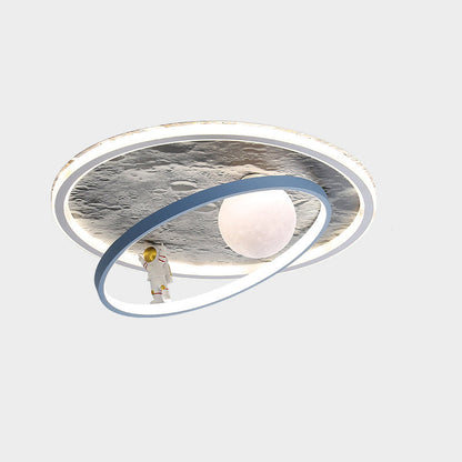 Modern Art Deco Cartoon Astronaut Moon Round Resin Aluminum Iron LED Flush Mount Ceiling Light For Bedroom