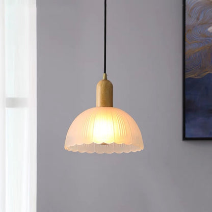 Contemporary Scandinavian Round Column Solid Wood Glass 1-Light Pendant Light For Living Room