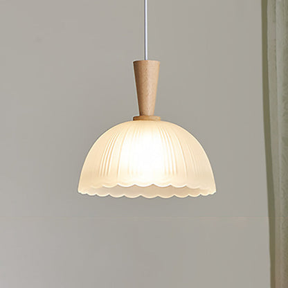Traditional Japanese Round Cylinder Glass Rubberwood 1-Light Pendant Light For Bedroom