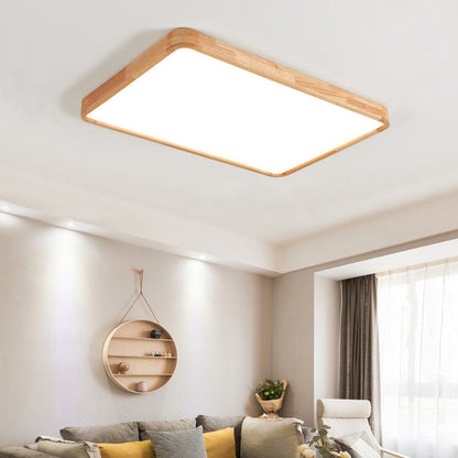 Modern Minimalist Rectangle Square Wood Acrylic LED Flush Mount Ceiling Light For Living Room