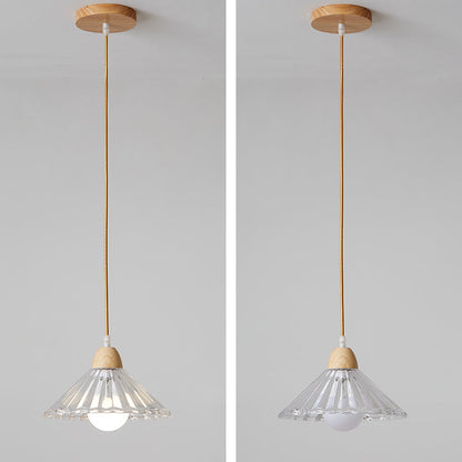 Modern Minimalist Round Flower Glass Solid Wood 1-Light Pendant Light For Bedroom