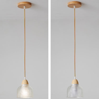 Modern Minimalist Round Flower Glass Solid Wood 1-Light Pendant Light For Bedroom
