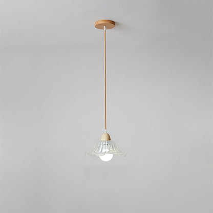 Modern Minimalist Round Flower Glass Solid Wood 1-Light Pendant Light For Bedroom