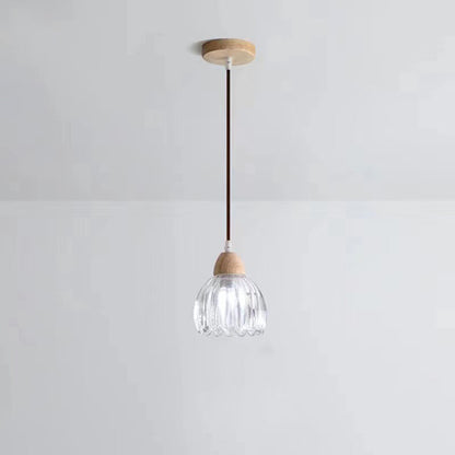 Modern Minimalist Round Flower Glass Solid Wood 1-Light Pendant Light For Bedroom