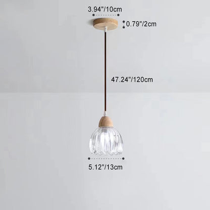 Modern Minimalist Round Flower Glass Solid Wood 1-Light Pendant Light For Bedroom