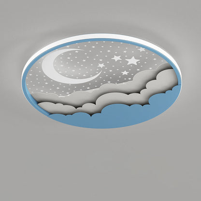 Modern Art Deco Moon Full Stars Clouds Round Acrylic Iron LED Flush Mount Ceiling Light For Bedroom