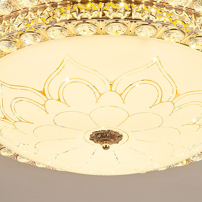 Modern Luxury Petal Round Glass Crystal Iron LED Flush Mount Ceiling Light For Living Room