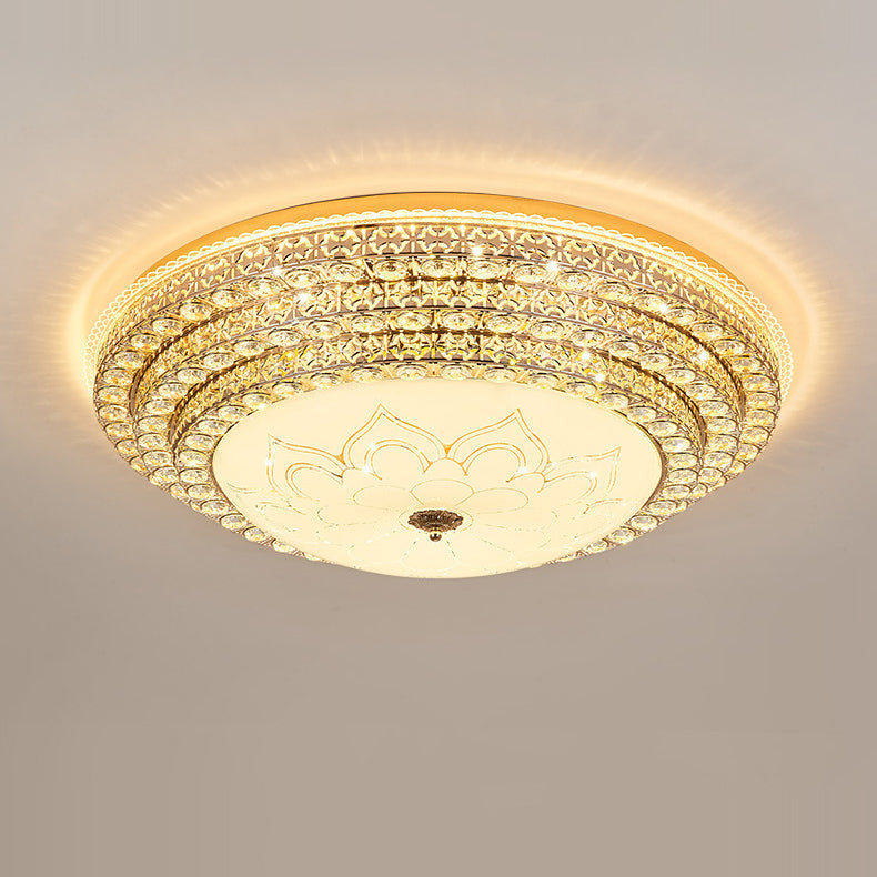 Modern Luxury Petal Round Glass Crystal Iron LED Flush Mount Ceiling Light For Living Room