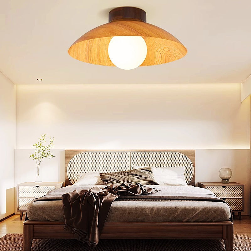 Modern Minimalist Disc Round Glass Wood Iron 1-Light Semi-Flush Mount Ceiling Light For Living Room