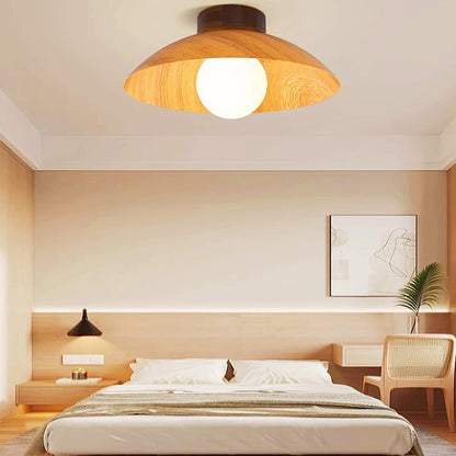 Modern Minimalist Disc Round Glass Wood Iron 1-Light Semi-Flush Mount Ceiling Light For Living Room