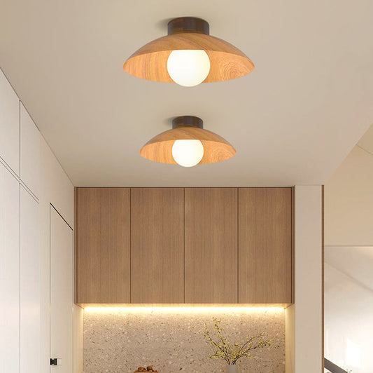 Modern Minimalist Disc Round Glass Wood Iron 1-Light Semi-Flush Mount Ceiling Light For Living Room