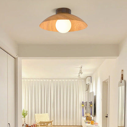 Modern Minimalist Disc Round Glass Wood Iron 1-Light Semi-Flush Mount Ceiling Light For Living Room