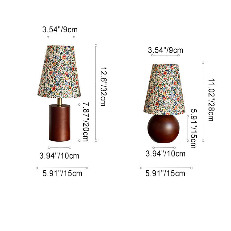 Traditional Vintage Crushed Flower Round Column Solid Wood PVC Fabric 1-Light Table Lamp For Bedroom