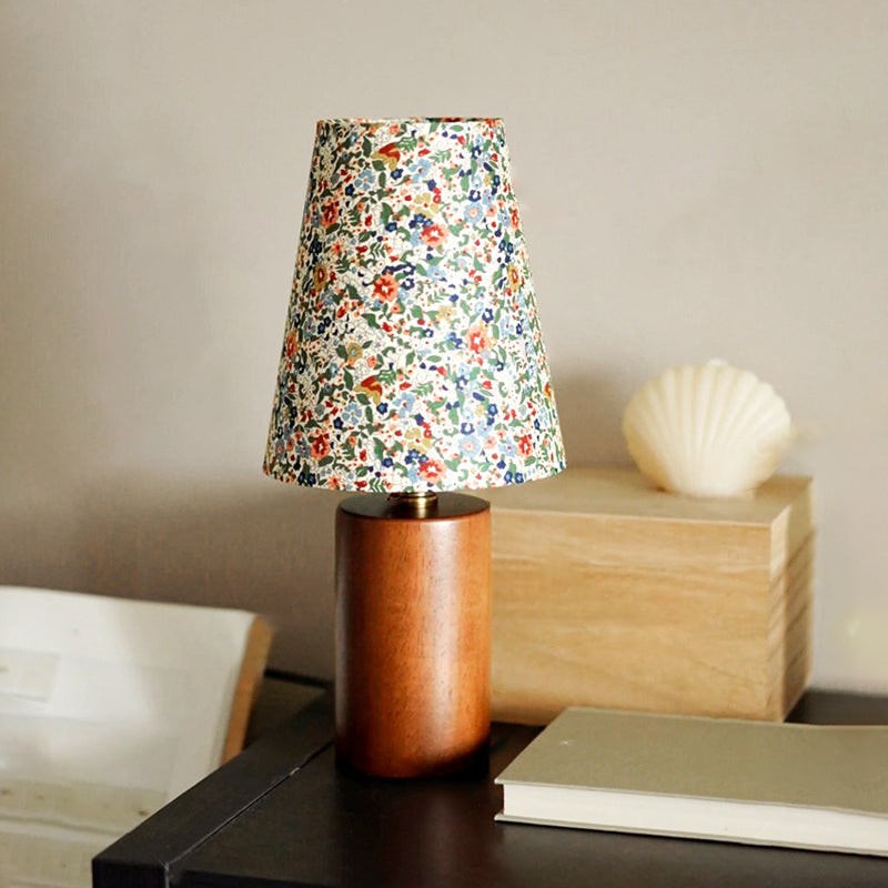 Traditional Vintage Crushed Flower Round Column Solid Wood PVC Fabric 1-Light Table Lamp For Bedroom