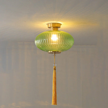 Traditional Chinese Round Lantern Glass Copper 1-Light Semi-Flush Mount Ceiling Light For Bedroom