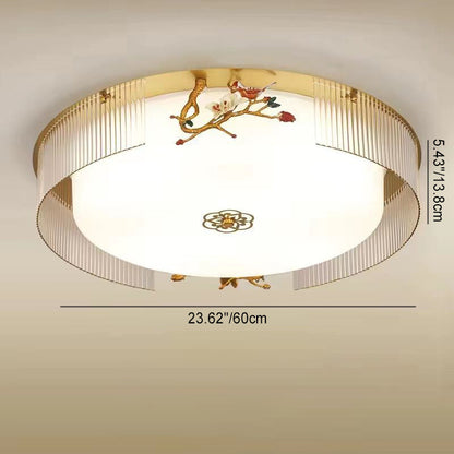 Traditional Chinese Flower Twig Round Acrylic Iron LED Flush Mount Ceiling Light For Bedroom